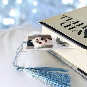 Op de afbeelding: Een doorzichtige boekenlegger met een foto van een hond zit in een boek. De boekenlegger heeft een lichtblauwe kwast. Het boek heeft een zwarte rug en de titel "VID HELL" is zichtbaar op de kaft.