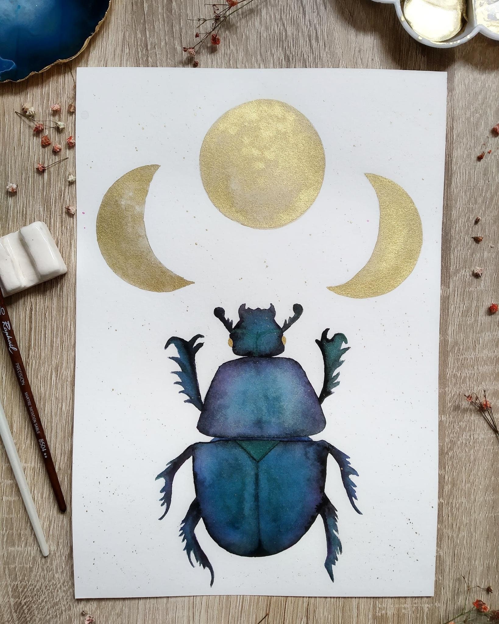Illustration Scarabée, Fait Main à L'aquarelle et Peinture Dorée, Décoration Murale, Chambre, Bureau