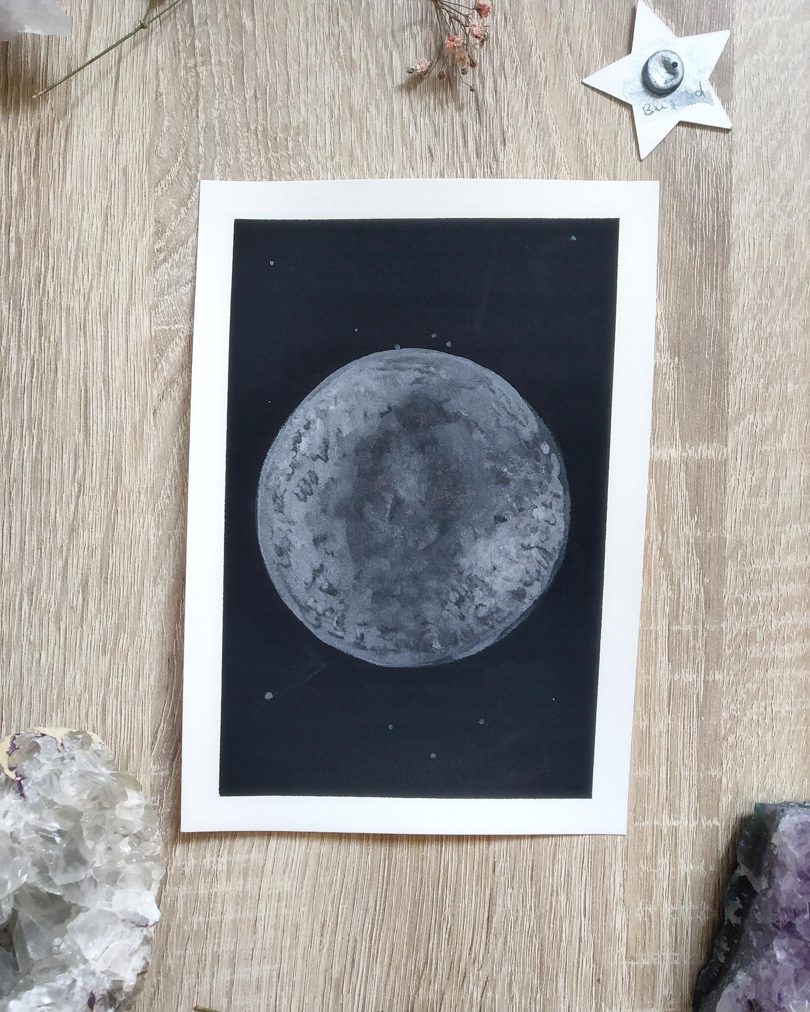 Illustration Lune, Fait Main à L'aquarelle et Peinture Argent, Décoration Murale, Chambre, Bureau, L