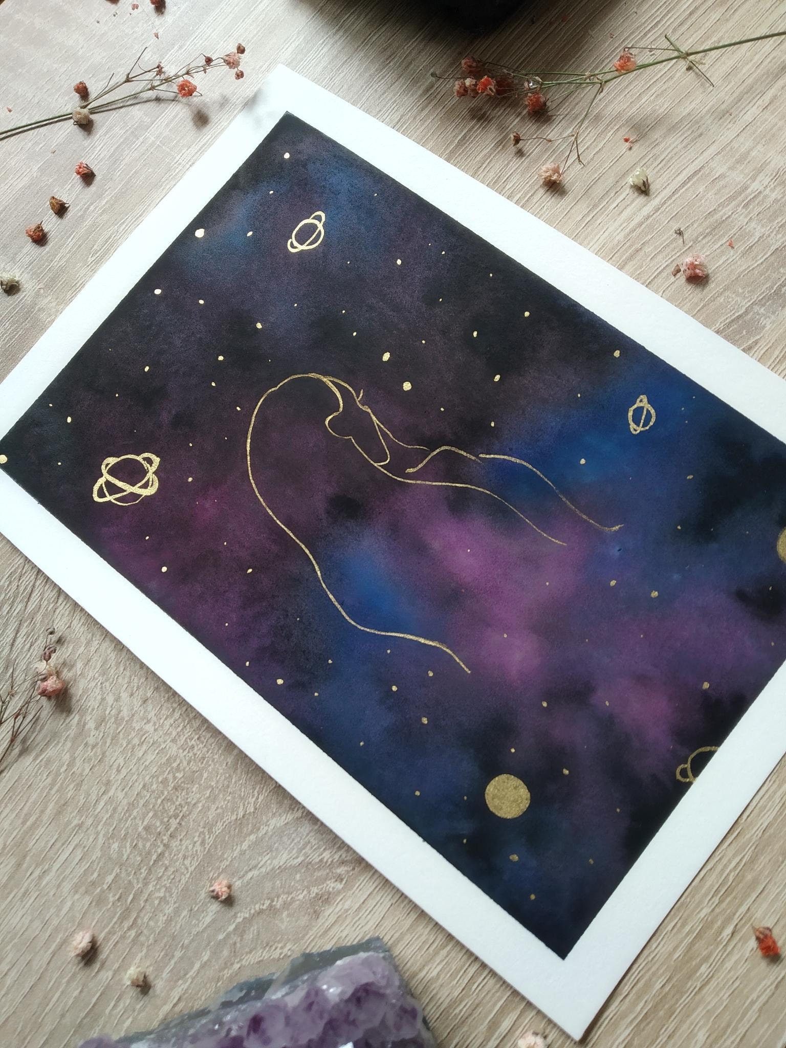 Aquarelle Faite Main, Peinture Galaxie, Illustration Ciel Étoilé, Planètes, Décor Bureau, Cadeau Déc