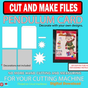 May include: A digital download for a pendulum card craft project. The image shows a red, white, and green card with a festive elf design. The card is decorated with a star, a small tree, and a gift box. The text "Decorate with your own designs." is included in the image. The text "NO MORE HAND CUTTING AND MEASURING FOR YOUR CUTTING MACHINE (Tested on Cricut machines) Digital Download" is also included in the image.