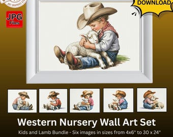 Western Kids with Lambs - Nursery Wall Art
