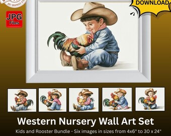 Western Kids with Rooster - Nursery Wall Art Set