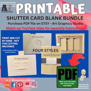 Puede incluir: Un paquete de tarjetas de obturador imprimibles con cuatro estilos: Iris Shutter, Flap Shutter, Shutter Blind y Gatefold Shutter. La imagen incluye etiquetas de texto para cada estilo, un icono de PDF e instrucciones para cortar a mano.