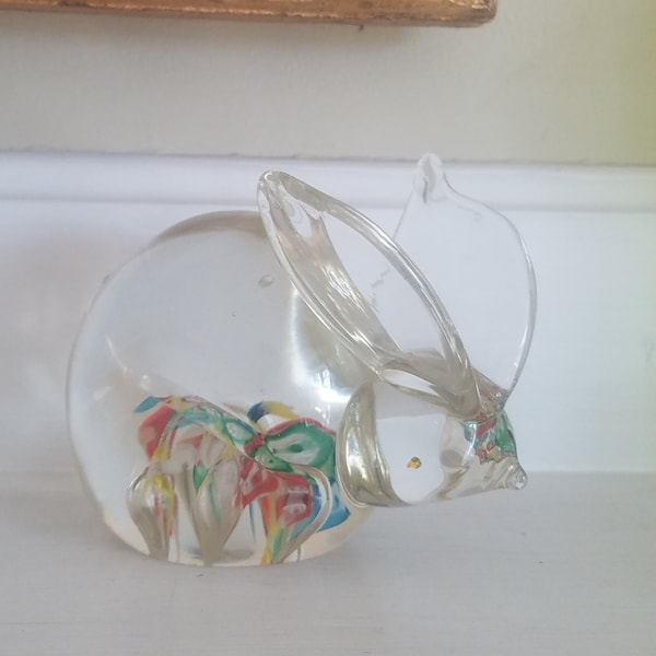 Vintage Glass Paperweight Bunny Rabbit Lenwile Ardalt Japan Clear Millefiore Art Glass MCM Office Desktop Gift For Coworker Collector