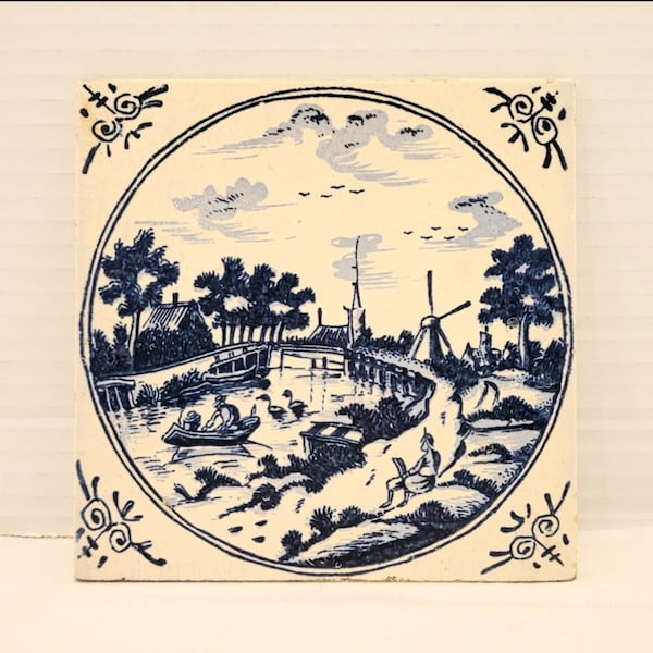 Vintage Blue Delft Ceramic Tile, Holland Windmill Scene (5.25" Square)