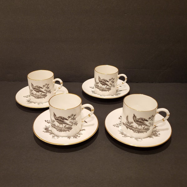 VTG Royal Worcester Demitasse Cups And Saucers Set Of 4 Pheasant Black & White Gold Trim Fine Bone China Made In England Coffee Tea Espresso