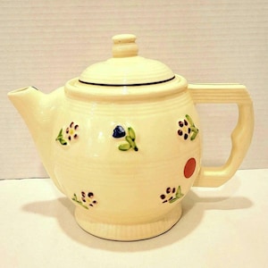 Fraunfelter Teapot Thermo-Proof Ware 40 Oz. Pale Yellow Ivory Floral Made In USA 1930s Coffee Pot 1920s Vintage Collector Gift