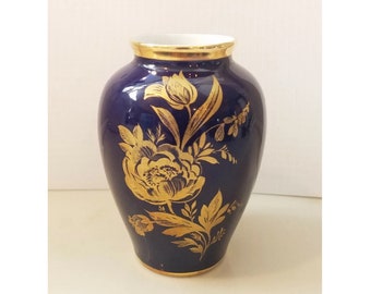 VTG Vase Royal Porzellan KPM Bavaria Germany Cobalt Blue Gold Trim Floral Small 3.5"