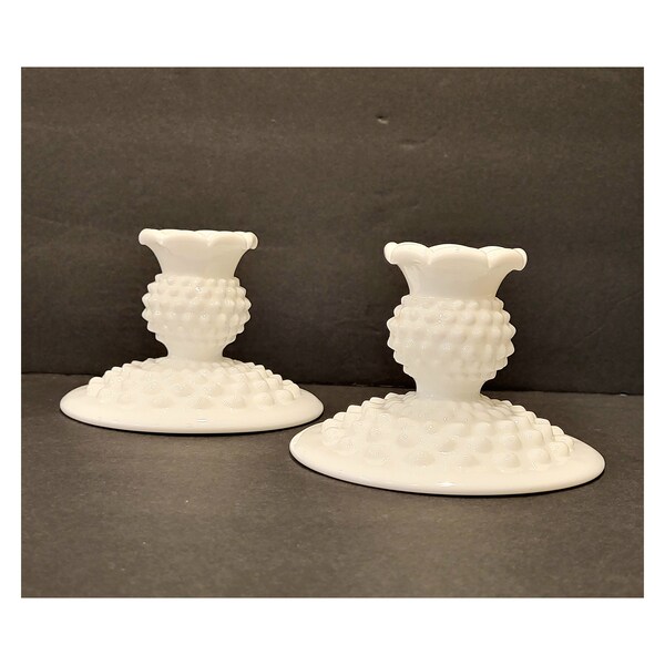 VTG Fenton Milk Glass Candleholders White Hobnail Candlesticks Pair Set Of 2 Decorative Collectible Glass Wedding Gift Cottage Decor