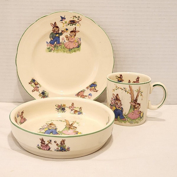 VTG Alfred Meakin Bunny Ware Place Setting 3 Pcs Bowl Plate Mug Cup Child's Tableware Rare Collectible Gift For Collector Midcentury England