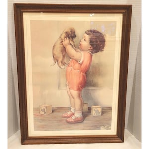 VTG Framed Art Print Mine Bessie Pease Gutmann Large 15x19 Inches Glass Wood Frame Wire Hanger Midcentury Nursery Baby Shower Gift New Mom