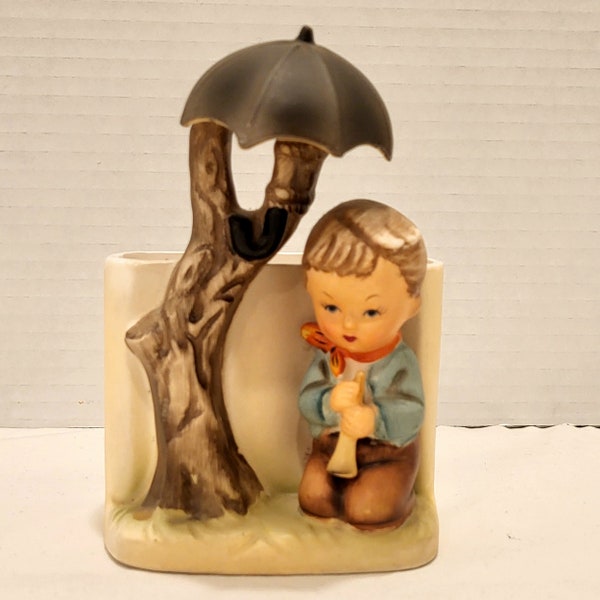 VTG Porcelain Indoor Planter Vase Figurine Midcentury Knick Knack Boy With Horn & Umbrella Japan MCM Gift For Collector Collectible Figurine