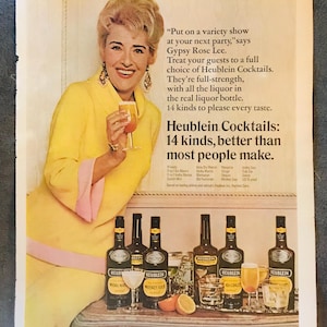 Cartel pequeño de cócteles Heublien de 1967, anuncio impreso vintage de Gypsy Rose Lee
