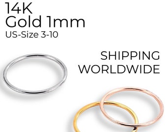 Anillo de oro de 14 k Banda de boda delgada de 1 mm / Anillo de boda minimalista para mujer / Anillo de apilamiento / Anillo de oro de 1 mm liso delicado / Oro blanco Oro rosa