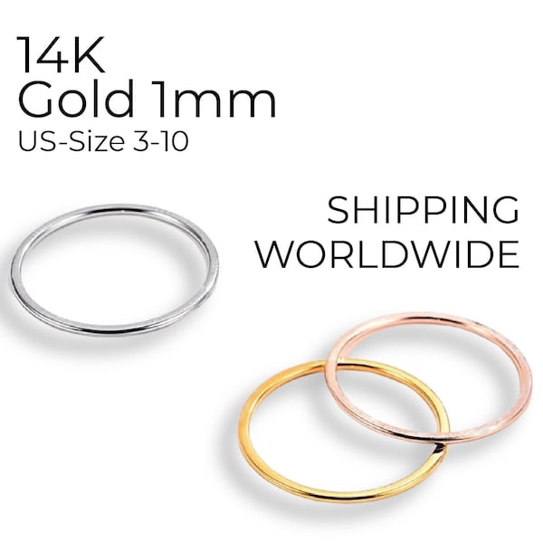14k Gold Ring 1mm Dünner Ehering / Minimalistischer Ehering für Frauen / Stapelring / zierlicher schlichter 1mm Goldring / Weißgold Rosegold