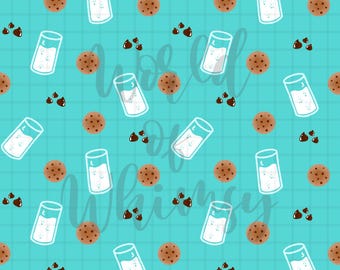 Chocolate Chip Cookies Milk Seamless Pattern 300 DPI PNG Instant Download Digital Papers Vinyl Fabric Surface Repeating Design Background