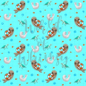 May include: A seamless pattern featuring cartoon seals and sea turtles on a light blue background. The seals are holding orange life preservers and the turtles are swimming. There are also small orange fish and blue bubbles throughout the pattern.