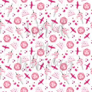 Flickigt rosa fantasy RPG sömlöst mönster 300 DPI PNG direktnedladdning digitala papper vinyl tyg yta design tärningar drake båge trolldryck svärd