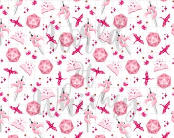 Girly Pink Fantasy RPG nahtlose Muster 300 DPI PNG Sofort Download Digital Papiere Vinyl Stoff Oberflächendesign Würfel Drachen Bogen Trank Schwert