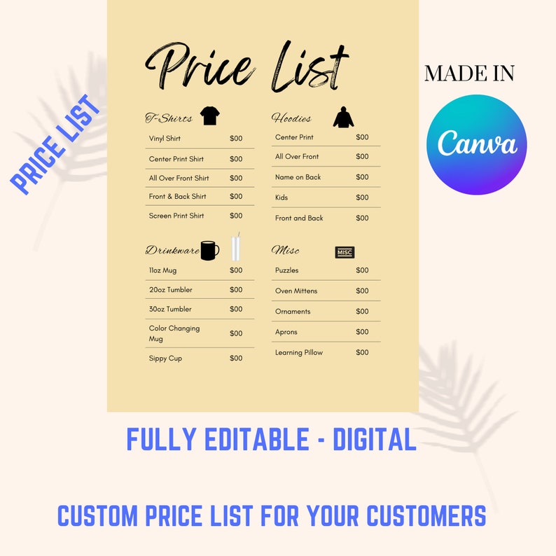 Editable Price List Template Sign for Small Business, Printable Price 