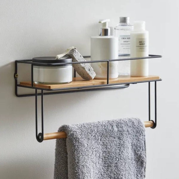 Towel Rail with Shelf Bamboo Black Metal Wire Compact