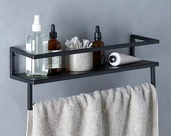 Sleek Black Towel Rail with Shelf in Matte L45cm H15.3cm
