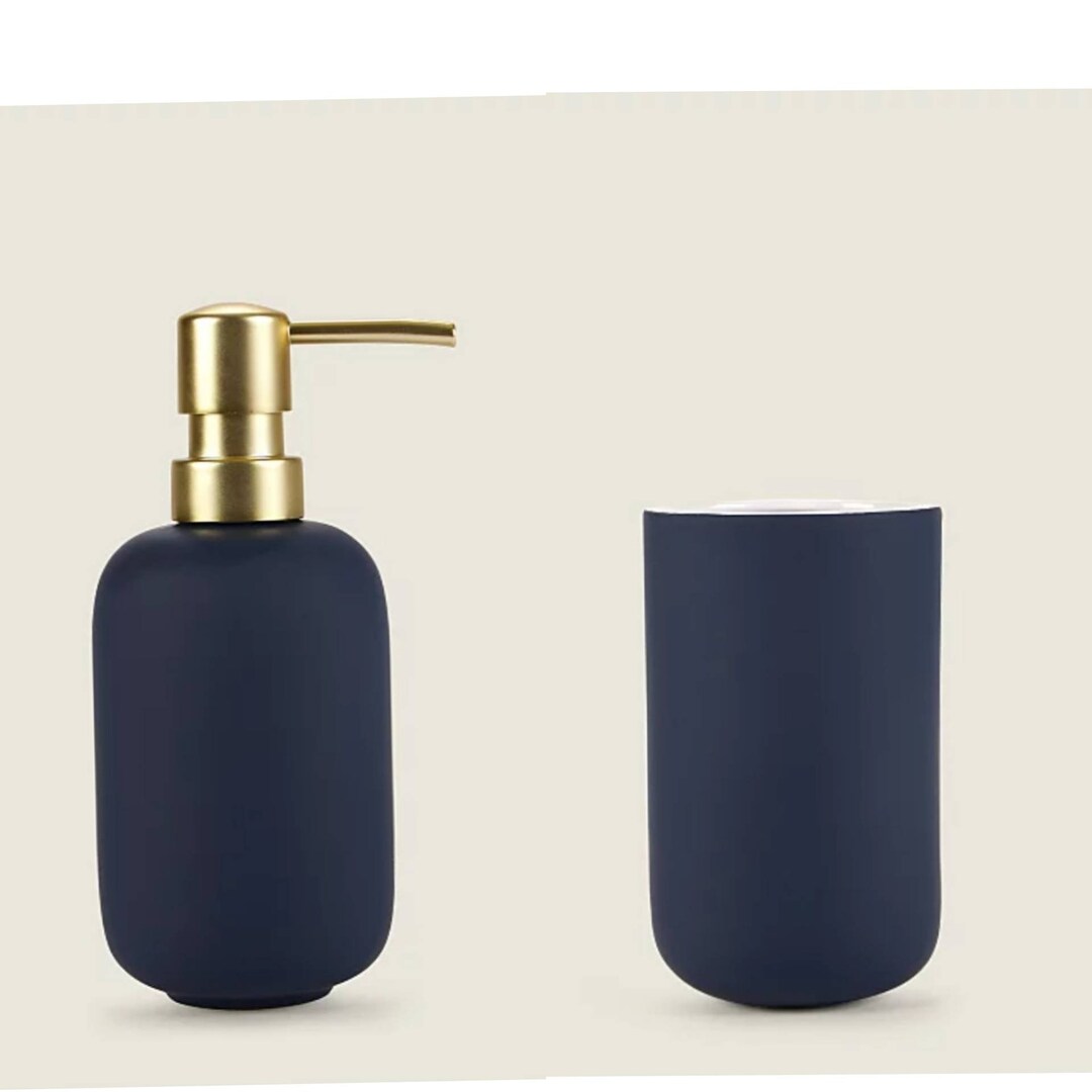 Matte Navy Blue and Gold Soap Dispenser and Tumbler Bathroom Accessory Set Etsy