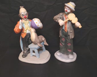 Vintage Emmett Kelly Jr. Clown Figurines, Set of 2, Porcelain Clowns