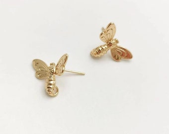 20pcs Real Gold Plated Brass Honey Bee Earring Posts, Bee Stud Earrings With Loop,Animal Earring Stud Attachment Finding