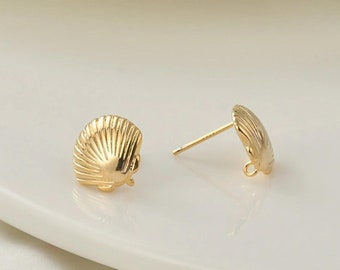 6pcs Real Gold Plated Brass Shell Earring Posts,Sea Shells Stud Earrings With Loop,Beach Style Earring Stud