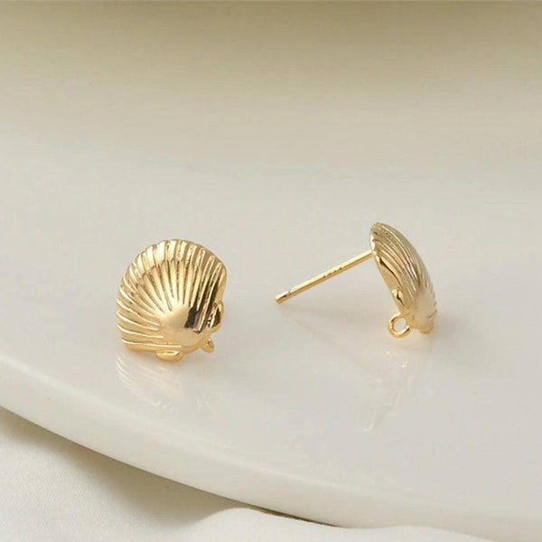 6pcs Real Gold Plated Brass Shell Earring Posts,Sea Shells Stud Earrings With Loop,Beach Style Earring Stud