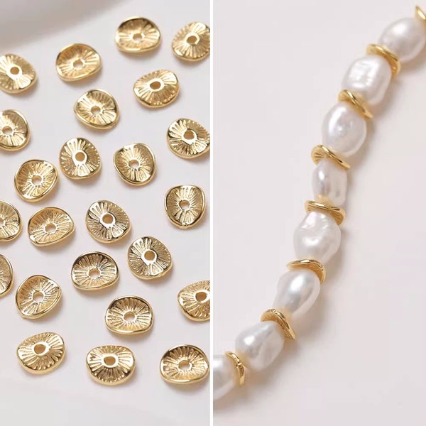 10pcs gold wavy disc spacer beads, potato chip disc spacers, 14k gold plated brass round coin beads, smooth flat disk spacers - A1299