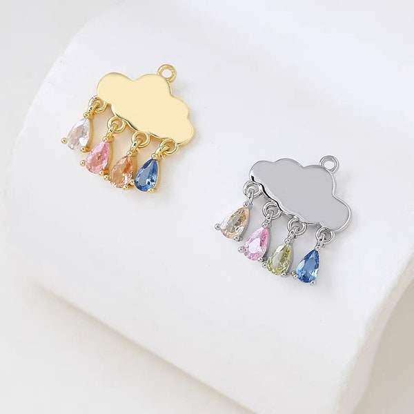 4pcs CZ Pave Zircon Rain Cloud Charms, Cubic Zirconia Cloud with Rain Drops Pendant, 18K Gold plated Brass Weather Sky Charms