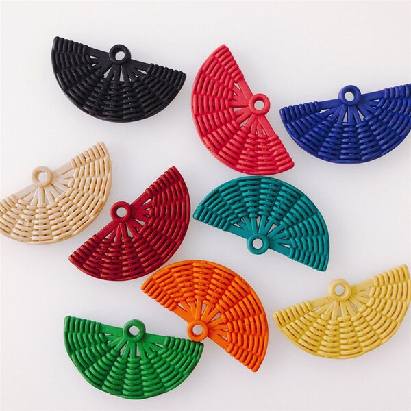 10pcs Fan Shape Faux Rattan Earrings Pendant Charm，Handwoven Geometric Boho Earring Jewelry Making