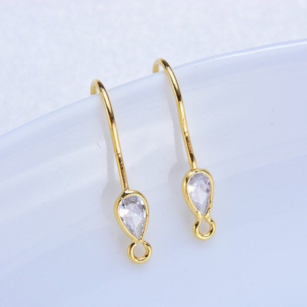 Bulk 10pcs Clear Zircon Earrings Hooks,CZ Pave Earring Posts with Loop,24K Gold Plated Brass Earring Component Finding Wholesale