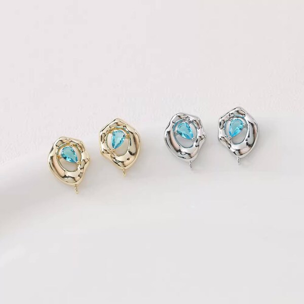 6cs Blue Crystal Gemstone Stud Earrings, Blue Zircon Earring, 14K Gold Plated Brass Geometry Irregular Earring Stud Components - A1192