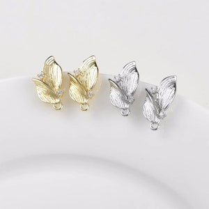10pcs CZ pave Leaf Earrings, Gold/Silver Tone Leaves Stud Earring With Loop, 14K Real Gold Plated Brass Earring Stud Components image 5