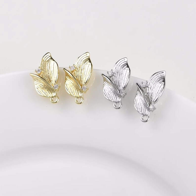 10pcs CZ pave Leaf Earrings, Gold/Silver Tone Leaves Stud Earring With Loop, 14K Real Gold Plated Brass Earring Stud Components image 5