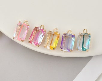 10pcs Colorful Gradient Square Crystal Pendant,Zircon Rectangle Pendant Charm, Small Rectangular Glass Charms in Colorful