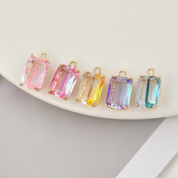 10pcs Colorful Gradient Square Crystal Pendant,Zircon Rectangle Pendant Charm, Small Rectangular Glass Charms in Colorful