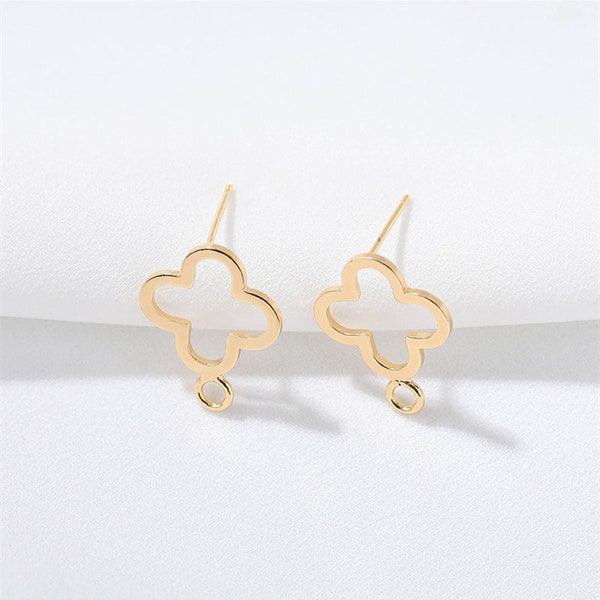 4pcs Hollow out Clover Earring Posts, Golden Four-Leaf Clover Stud Earrings With Loop, 18K Real Gold Plated Brass Earring Stud Components