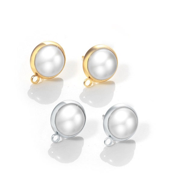 6pcs Gold/Silver Tone Pearl  Stud Earrings With Loop,Gold Plated Brass Pearl Earring Posts,Pearl Earring Stud Components