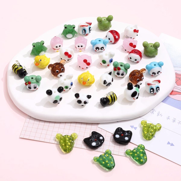 4pcs Cats Frogs Ducks Bears Bees Pandas Glass Beads, Handmade Animal Spacer Beads, DIY Earrings Necklace Bracelet Glaze Bead Supplys