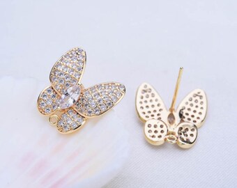 10pcs CZ Paved Butterfly Ear Posts, Real Gold Plated Brass Stud Earrings, Butterfly Earrings With 925 Sterling Silver Ear Stick