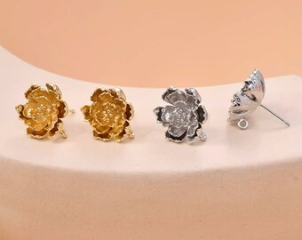 4pcs Peony Flower Stud Earrings, Gold/Silver Tone Peony Flower Earrings With Loop, 14K Real Gold Plated Brass Earring Stud Components