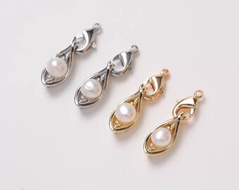 Lobster Claw Clasps With Natural Pearl, 18K Gold Plated Brass Lobster Claw Clasps with Extender Chain,Extender Chain with Teardrop Charm End