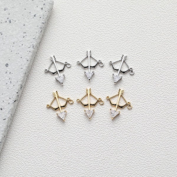 6pcs CZ Pave Zircon Bow and Arrow Charm, Cubic Zirconia Arrow Pendant, 14K Gold Plated Brass Earring Necklace Pendant Connector