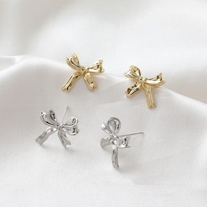 4pcs Gold/Silver Tone Bow Earrings,Bowknot Earring Post With Ear Back,Bowtie Stud Earrings,Gold Plated Brass Bow knot Earring Stud Component image 1