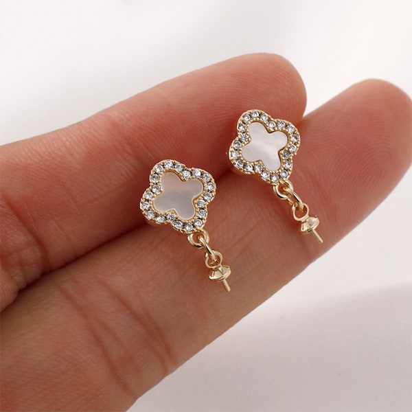 4pcs CZ Paved Clover Ear Posts, Zircon Crystal Four-Leaf Clover Earring, Half Drilled Pearl Mounts, Pearl Peg Earring Settings